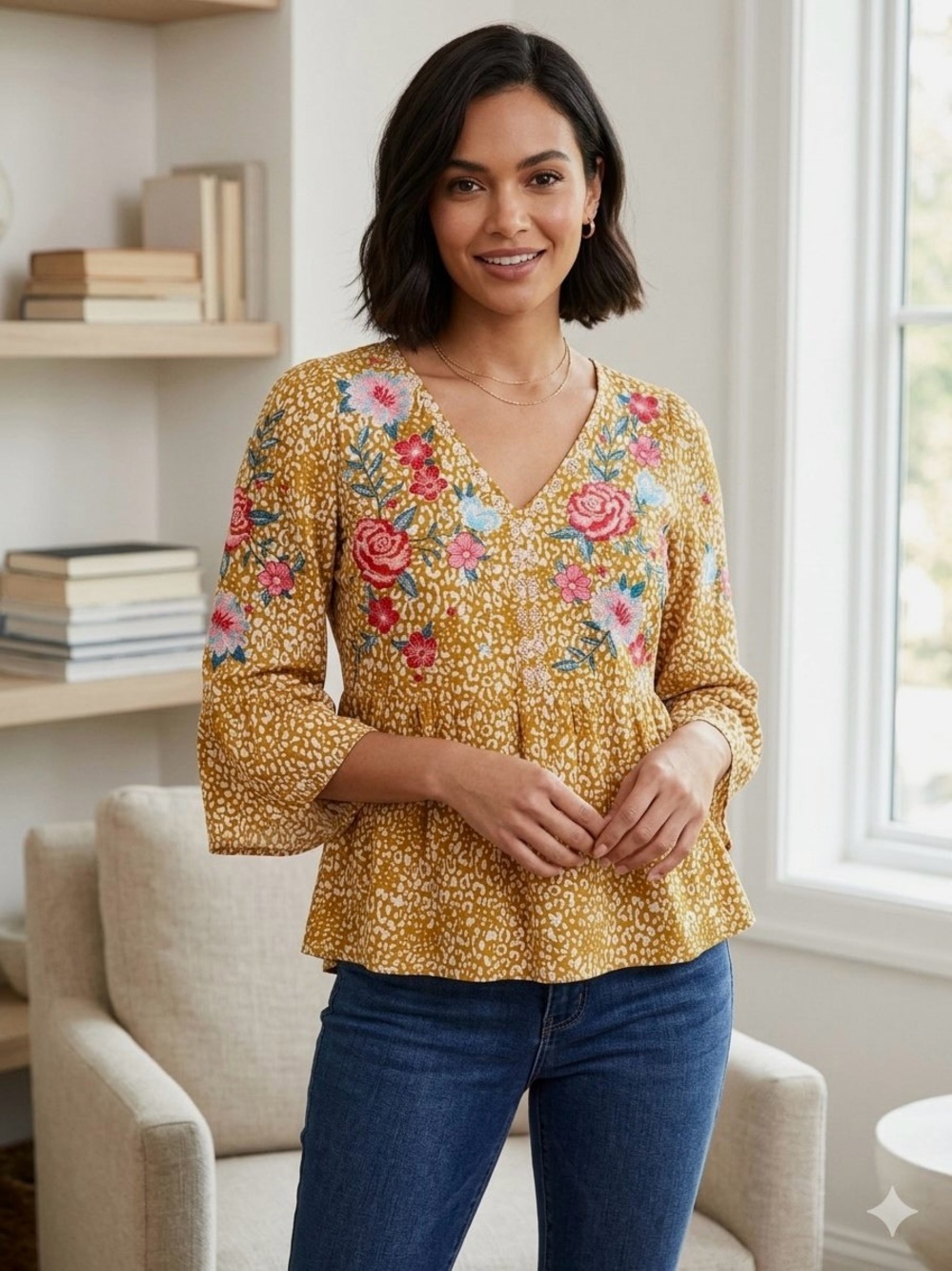 Savanna Jane Mustard Floral Embroidered V-Neck Blouse
